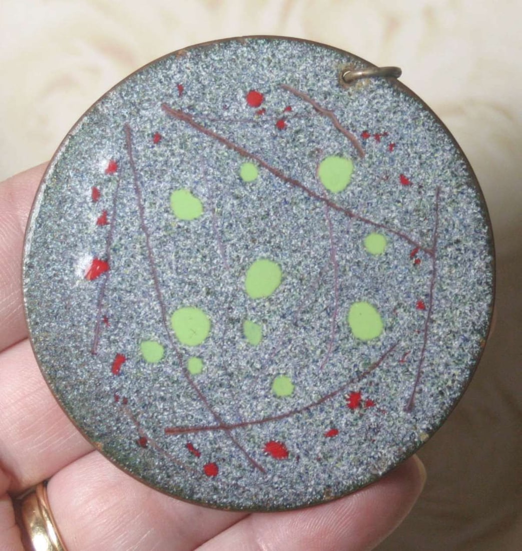 vintage estate jewelry: MCM pendant: vintage Mid Century Modern, Brutalist or Space Age style (and likely actually from the period) enameled large round TWO sided necklace pendant, one side with orange and brown accents&comma