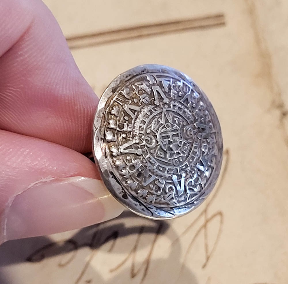 vintage estate jewelry: Sterling Aztec calendar ring (1 of 7)