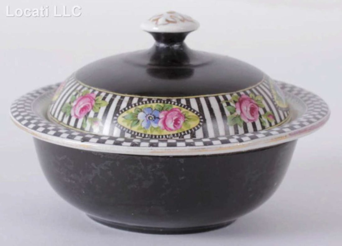 antique porcelain soap dish: pottery or porcelain soap dish or lidded hair receiver, with insert, with white inside and black outside with subtle checkered, striped and floral flower or Roses design, with 