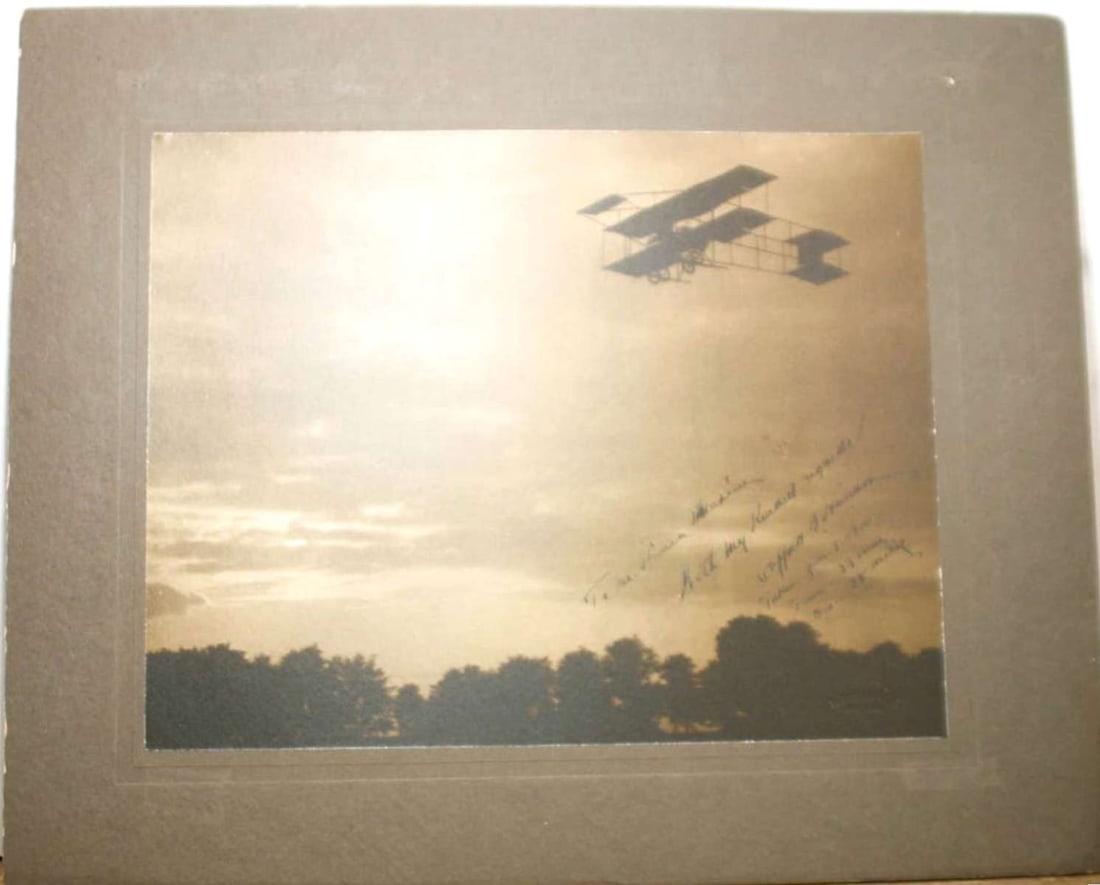1910 aviation HUGE mounted photograph Harmon signed: This is an exceptionally rare and exceptionally large original 114 year old mounted photograph of celebrated American pioneer aviator Clifford B. Harmon in full flight at dusk. Not only did Harmon sig