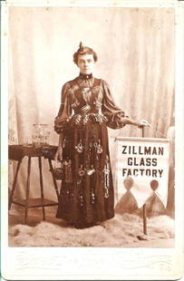 antique Banner Lady glass factory photograph: This circa 100 year old advertising cabinet photograph features what was known as a "Banner Lady" promoting the Zillman Glass Factory. In addition to that advertising banner, the lady