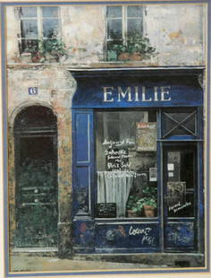 vintage Chinese French print street scene: beautifully framed and matted vintage lithograph print of a French storefront (or cafe?) named Emilie with graffiti and by Chinese artist Chiu Tak Hak and on reverse with original label from the galle