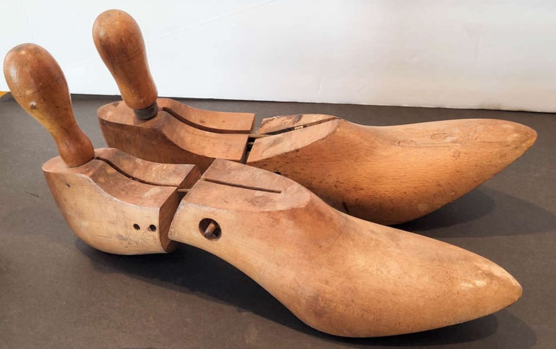 pair antique wooden cobbler's shoe moulds: as shown vintage or antique hinged pair of wooden moulds with turned knob and one marked Miller