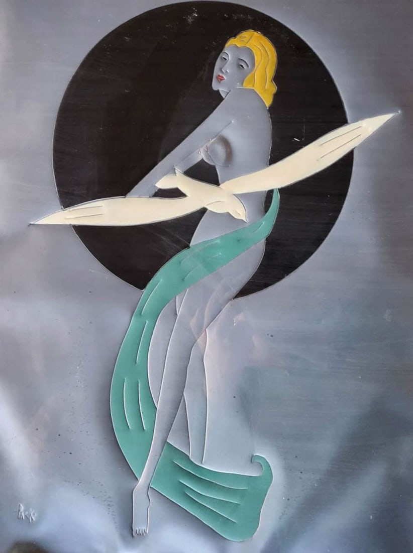 vintage Art Deco artwork in frame: unusual vintage metal embossed or pressed sheet depicting a semi nude woman with a bird (Seagull), signed Pack as shown lower left, nicely matted and in a black wooden frame