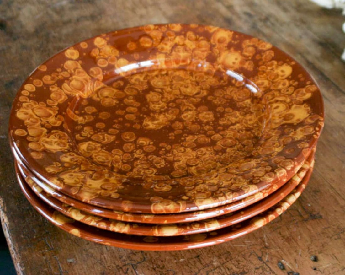 set of 6 vintage Italian redware plates: large dinner sized plates, labeled as shown Made in Italy and with beautiful spatter design