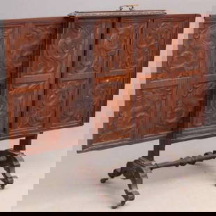 antique Gothic carved firescreen DRAGONS: early-mid 1800's carved wooden paneled fireplace screen on shaped legs and castors or wheels, pull-out panels, each of the three with different mythological animal or being: Dragon&co