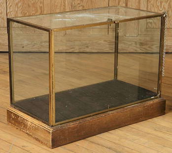 antique bronze and glass table model display case: unusual (very heavy!) bronze and glass display case on wooden base (add legs and it'll be a tall freestanding model) and with flip-down front panel or lid on a later added chair and with a click