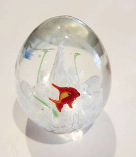 vintage glass paperweight with fish design: unsigned&comma; but probably Murano vintage glass egg shaped clear paperweight with blue&comma; red and yellow multicolored fish and bubbles