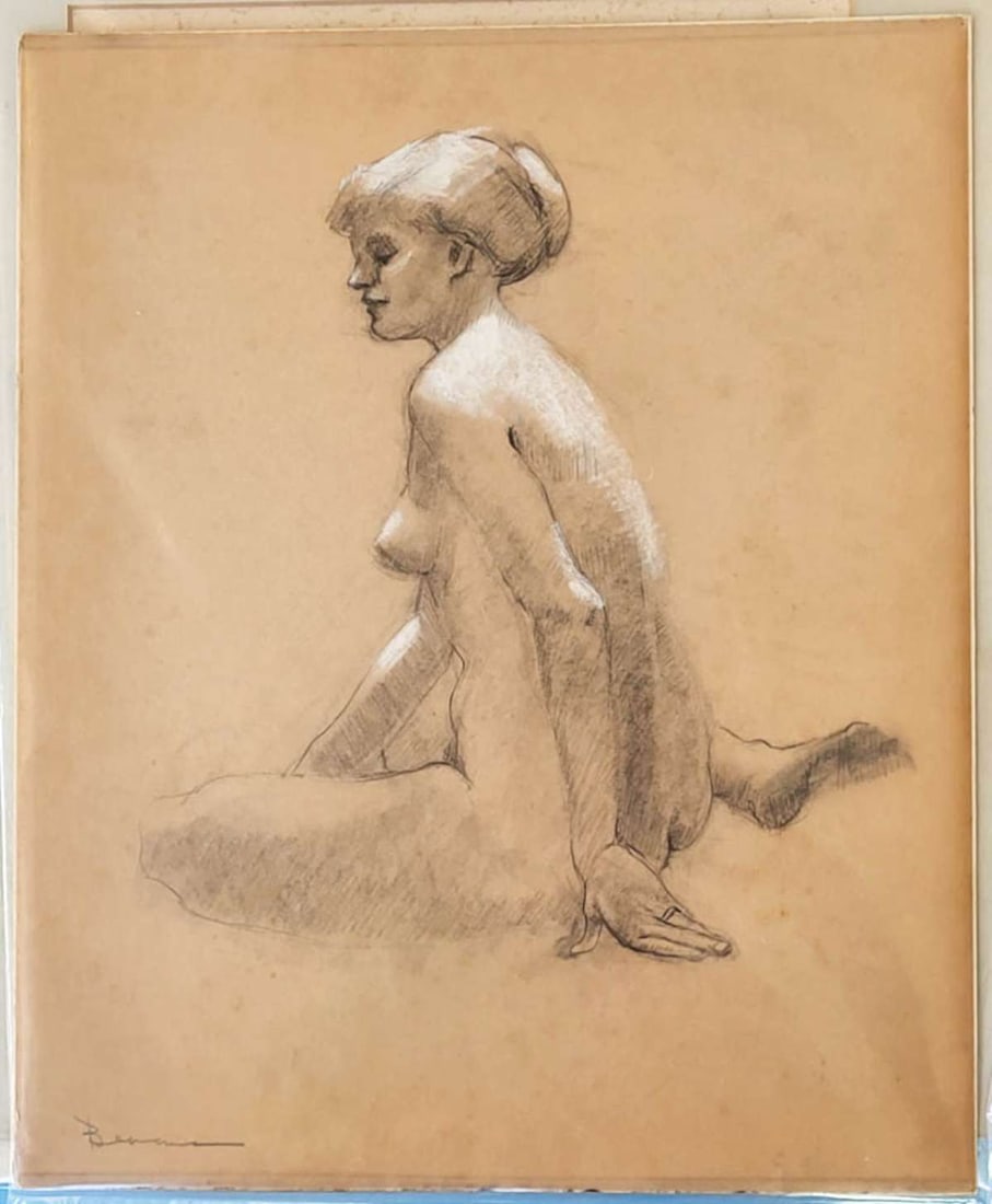 vintage portrait drawing of a nude: signed illegibly lower left (appears to be Bauman?) as shown and depicting a pencil and white chalk or gouache nude study of a woman sitting on the floor and with her hair in a bun