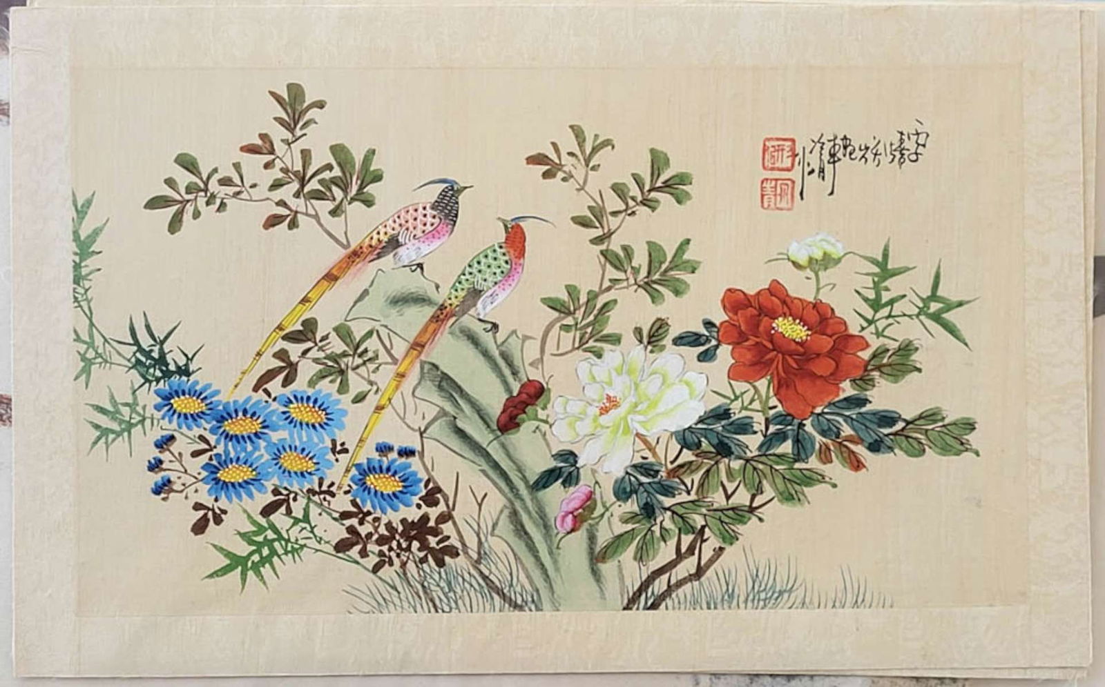 vintage Chinese watercolor painting of birds: beautiful watercolor painting on silk depicting blue flowers and Roses and 2 colorful birds, with chop mark and hand written lettering top rightpiece is (paper size) 10" high by 16" wi