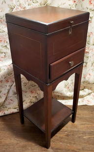 antique cabinet on stand: unusual small table or stand.....not sure if this was meant as a humidor (but not copper lined), flatware chest (not enough slats) or sugar or spice chest (?), top is NOT detachable and th