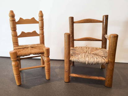 vintage doll furniture: vintage set or lot of two large dollhouse or small doll wooden chairs with rope and rush woven seats