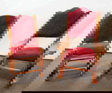 vintage doll furniture: set or lot of two large dollhouse or small doll chairs&comma; one a rocking chair&comma; both with matching red crushed velvet upholstery