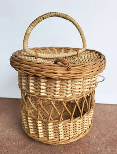vintage ethnic woven basket with handle: not sure if this is Indian or Native American made, so please let us know if you do, woven wicker lidded and handled basket or carrier with open work or pierced center design