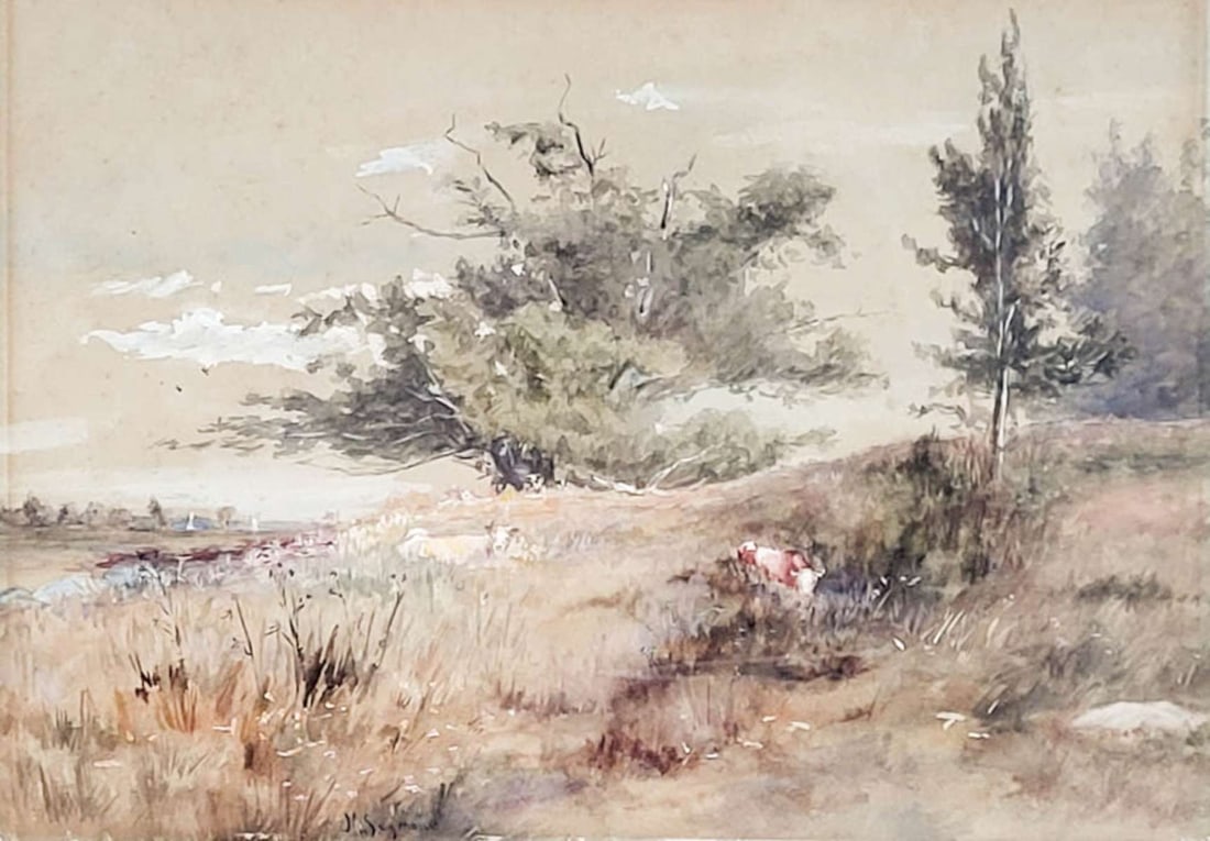 signed M. Seymour antique watercolor painting with cows (1 of 10)
