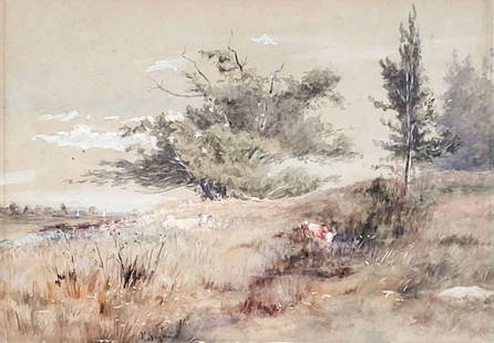signed M. Seymour antique watercolor painting with cows: beautiful antique original watercolor painting depicting a bucolic landscape scene with 2 cattle or cows laying in the tall meadow grass and trees in the background&comma; signed M. Seymour as shownsi