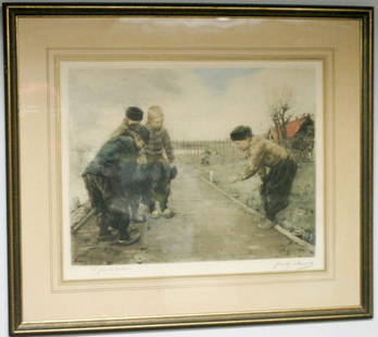 antique Dutch etching of children playing a game: large framed and matted vintage or antique etching The Cork Game in Holland (Le Jeune de Bouchon??)&comma; original hand painted and pencil signed by Frank Charlet in Paris France and numbered edition
