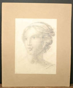 antique original pencil illustration drawing: unsigned vintage or antique pencil portrait drawing of a young woman with Victorian or early Art Deco Era hairstylematte about 9 1/4&quot; wide by 11 1/4&quot; high