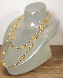vintage estate jewelry: Venetian glass necklace: heavy vintage beautiful iridescent faceted cut glass beaded long necklace with yellow tint and black spacers