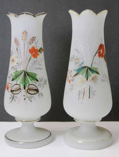 pair antique English Bristol glass vases: similar but not quite matching pair of small frosted white antique Bristol glass bud vases with hand painted floral or flower design and scalloped edges&comma; unmarked (except for ink Bristol&comma;