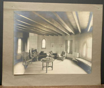 antique cabinet photograph interior scene: antique ca. 1910 interior scene cabinet photograph depicting a Mission or Arts and Craft period house with beams on the ceiling and period furniture and lamps&comma; close-up picture shows the silver