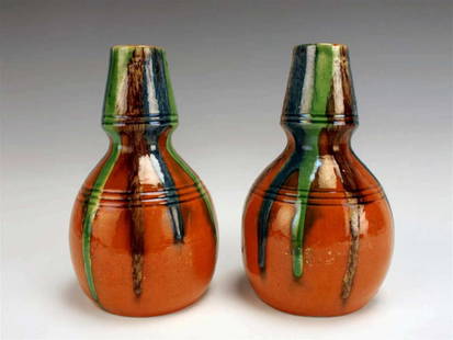 unusual PAIR MCM drip glaze vessels: set of two burnt orange background and green and blue drip glazed bulbous shaped pottery vases, likely Mid Century Modern, extensively marked on the bottom as shownabout 7 1/8" tall b