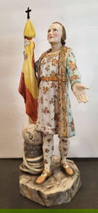 antique Meissen porcelain Columbus figural statue: Not sure if this is a Meissen mark or a Volkstedt mark underneath (see close-up picture)&comma; beautifully made piece depicting Christopher Columbus with a Spanish flag and globe and with great facia