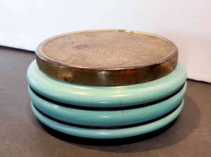 rare Danish Mid Century Modern pottery box: or possibly porcelain dresser box by Dansk Metalkunst&comma; blue body with bronze marked enbossed floral lid with mirror on the inside (and later added puff)