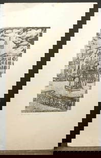 MCM woodblock or linocut print: vintage Mid Century Modern illegibly pencil signed lower left as shown, print of a town square with a rearing horse statue surrounded by old buildings, possibly a German artist (by the spe