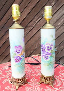 pair antique porcelain table lamps, hand painted: pair of (matching&comma; not identical) antique vases&comma; converted to vintage brass electrified lamps&comma; hand painted floral Pansy or Violet flowers design and artists&apos; names C. Hawkins a