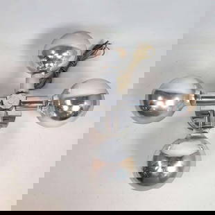 MCM chrome ceiling fixture: Mid Century Modern vintage Sputnik or Space Age ceiling lamp or light with 4 "spoke" chrome body and silver toned bulbs, reminds me of Robert Sonneman Molecule lamps, but this on