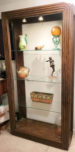 retro 1970's display cabinet with glass shelves: vintage, retro ca. 1960's or '70's very heavy(!) display cabinet with unusual reeded bent wood Bamboo-look design and glass shelves, with old interior lighting (could use an