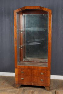 gorgeous Art Deco period display case cabinet: vintage or antique (ca. 1920's) original Art Deco period cabinet or display cupboard with two deep drawers with bar handle pulls, glass door, two glass shelves and mirrored back&comma
