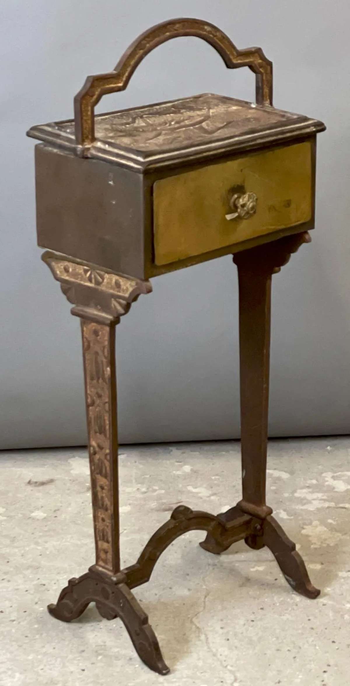 antique Art Deco smoking stand with nudes: heavy brass or bronze late Art Deco or vintage early MCM or Mid Century Modern smoking stand with handlebar, drawer and lid with abstract dancing nude ladies, great Tobacciana collectiblea