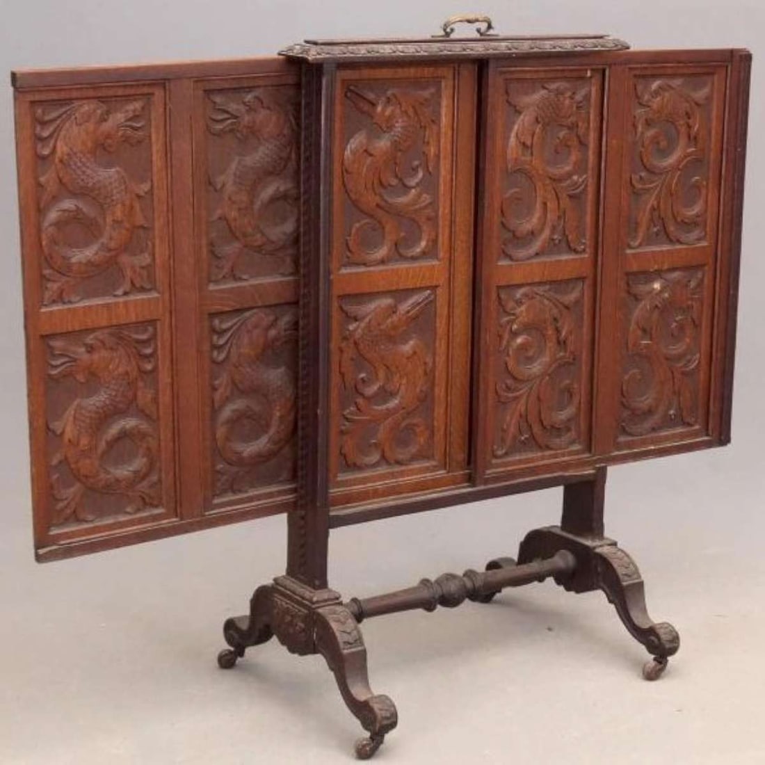 antique Gothic carved firescreen DRAGONS (1 of 5)
