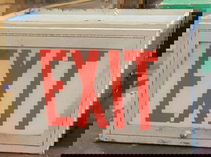 vintage exit light or store sign: vintage electric (recently rewired) wall or ceiling hardwired EXIT sign with red lettering on a white background