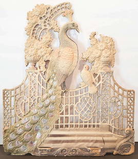 stunning embossed store display sign birds: marked Made in Germany embossed heavy card stock Edwardian or Victorian Era cut-out or pierced display sign with a male Peacock and songbird sitting on a fence with floral urns16 7/8&quot; wide and it
