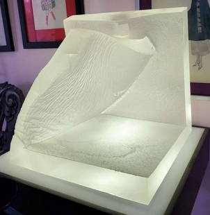 MCM Lucite sculpture signed Kagan: vintage retro plastic or smoky translucent Lucite x-base floor stand with uplight top and sitting on top is a frosted Lucite organic wave&comma; book (or possibly female genitalia&comma; depending on