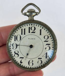 antique open face pocket watch by Elgin: antique pocket watch with bezel and both hands and in an engraved silver toned (plated?) case&comma; inside with serial number and Elgin National Watch Company U.S.H.