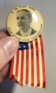 rare antique political button with ribbon: A.M. van Tine For State Vice Councilor photographic paper button with patriotic American flag ribbon, back reads Made by The White (illegible) and Hoag Co Newark New Jersey N.J. USA in 1896rare