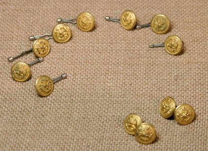 collection military uniform button and cufflinks: set or lot of 8 vintage or antique buttons and 2 matching cufflinks&comma; US Navy officer&apos;s uniform buttons likely from the pre-World War II era (before 1941) and depicting an Eagle facing left&