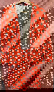 vintage Op Art 2-piece dress set: retro 2 piece orange/red and white Polka Dot set&comma; consisting of a zippered bodice with attached skirt and matching blazer&comma; ca. 1970&apos;s