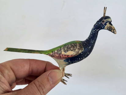 vintage Folk Art carved bird: adorable small vintage or antique carved wooden Peacock sculpture&comma; with hand painted accents in blue&comma; green and pink&comma; unsigned