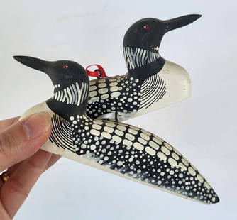 PAIR carved signed Folk Art birds: small set or lot of two matching vintage carved wooden birds (Common Loon)&comma; signed by the artist Balyeat (likely Steve Balyeat&comma; Maine) and dated 1985
