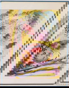 large MCM Abstract Expressionism painting: large matted and framed Mid Century Modern painting signed Swinand lower right (possibly for Pennsylvania/Massachusetts artist Susan Swinand) in the Abstract Expressionist style and with watercolor an