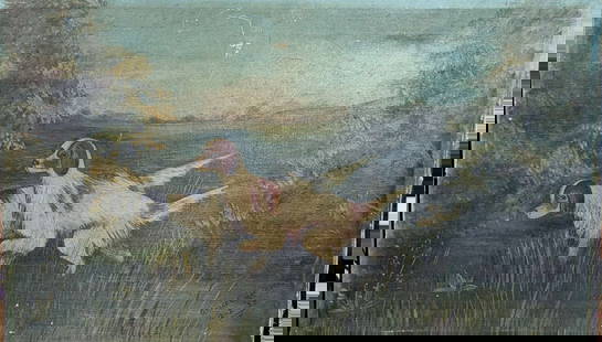 antique Folk Art dog portrait painting: antique unframed oil painting depicting a pair of hunting dogs (English Setters or Pointers) hunting in a field, signed lower right Grace C. Saunders and dated 1925 as shown