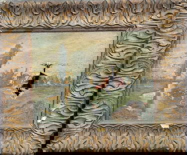 small antique Folk Art oil painting Dutch windmill: antique oil painting of a landscape with stream, trees, a farmhouse and a windmill, in a beautifully gilt wooden carved frame and illegibly signed lower right as shown, likely