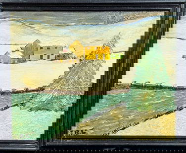 small antique Folk Art oil painting: small wooden framed impasto style oil painting depicting a snowy landscape with river and farmhouses and large evergreen tree in the foreground&comma; signed lower left initials T.R.L. as shown