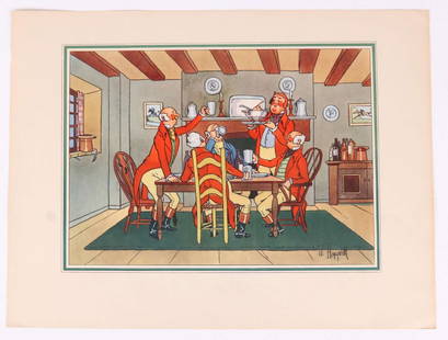 large vintage color print of English scene: large chromolithograph print in vibrant colors of a scene of English gentlemen having dinner in a kitchen with large fireplace&comma; signer lower right as shown W. Honeywell18 3/4&quot; tall by 25 1/