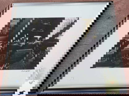 original Bill Smith b/w photograph: nicely framed and matted original black and white photograph signed Bill Smith lower right and depicting a house or antique store with a table set with antique apothecary jars&comma; candle moulds&com